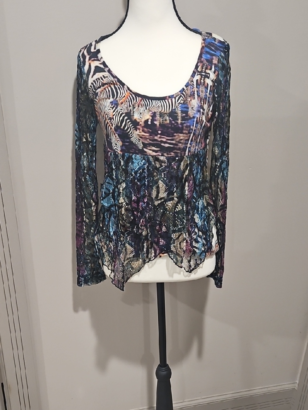 Vintage Pg Mixed Print Sheer Scoop Neck Long Sleeve Blouse - Multicolor